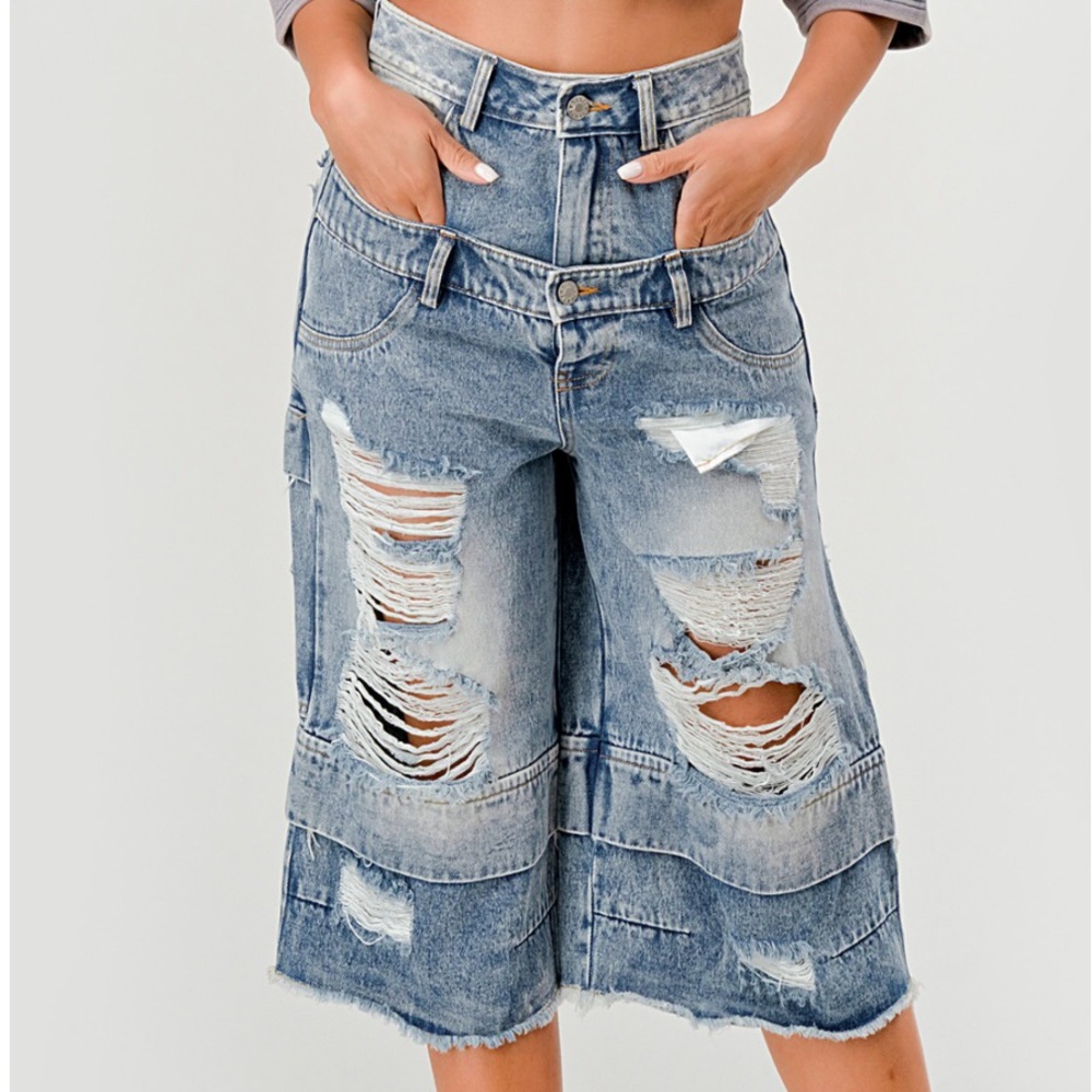 Distressed Denim Bermuda Shorts